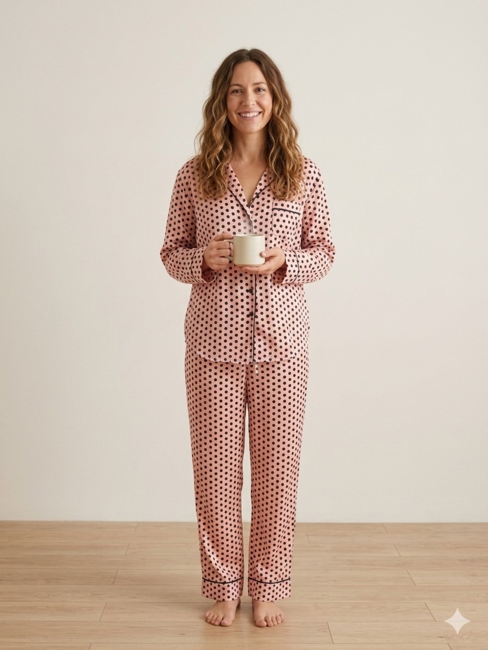 Tahari Pink Black Polka Dot Satin Pajama Set Pjs Button Down Long Sleeve Medium